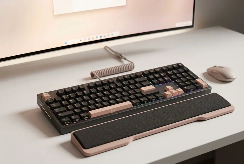 Fully assembled mechanical keyboard with a beige and black colour scheme, including a padded wrist rest and numeric keypad; chips and cables visible. Best dye sublimated keycaps.