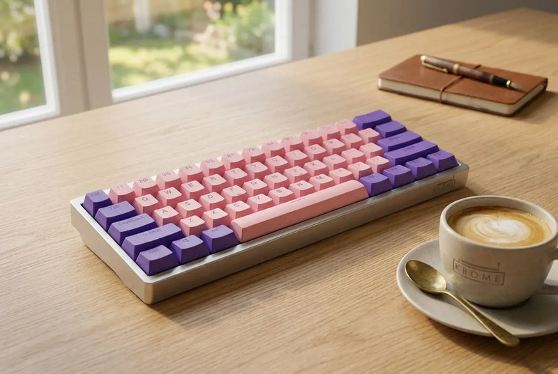 Pastel pink and purple dye sublimated keycaps on a compact keyboard, with a coffee cup nearby.