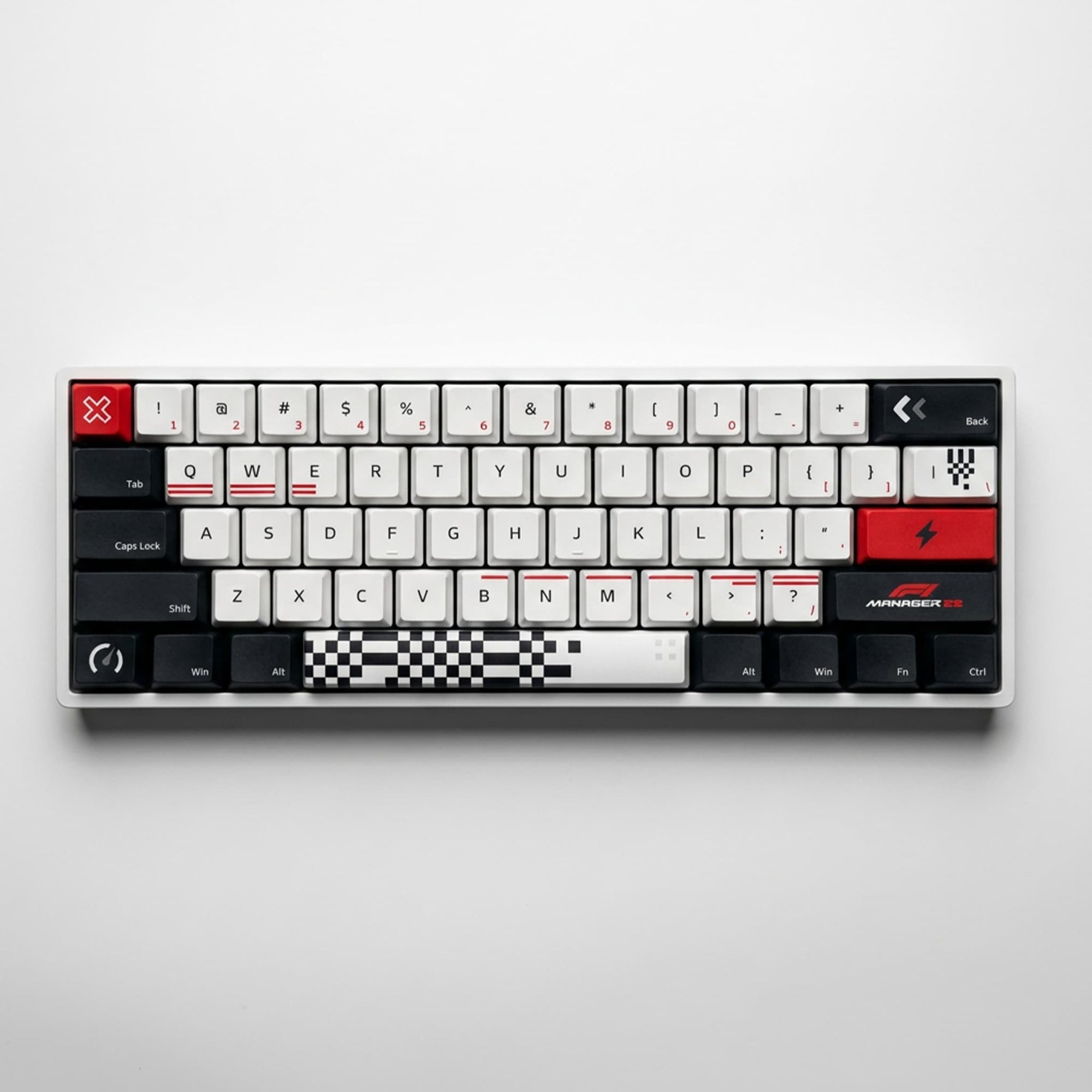 Mechanical keyboard with red accents on a white background