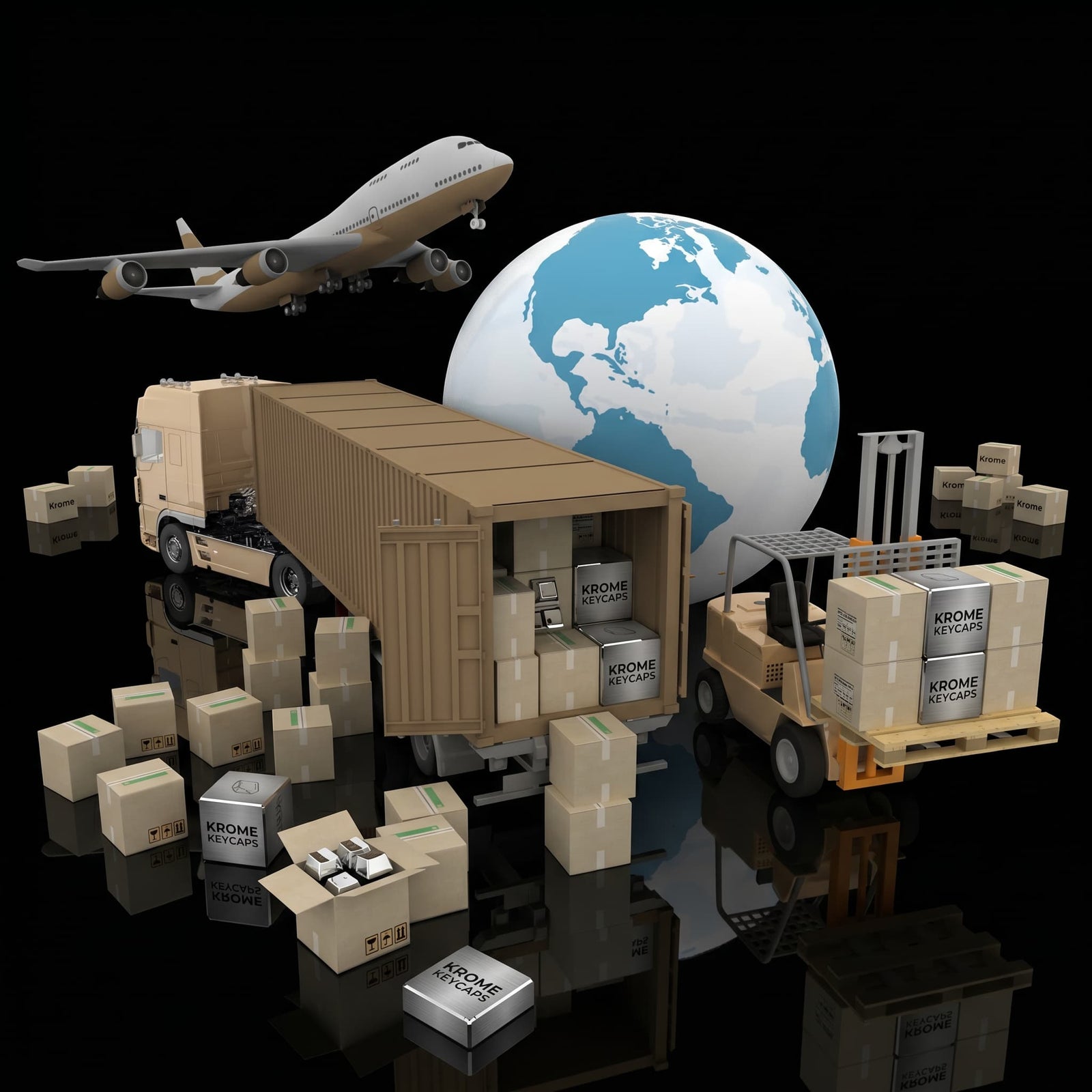 Transportation and logistics concept with truck, airplane, and boxes on a reflective surface with a world map in the background.