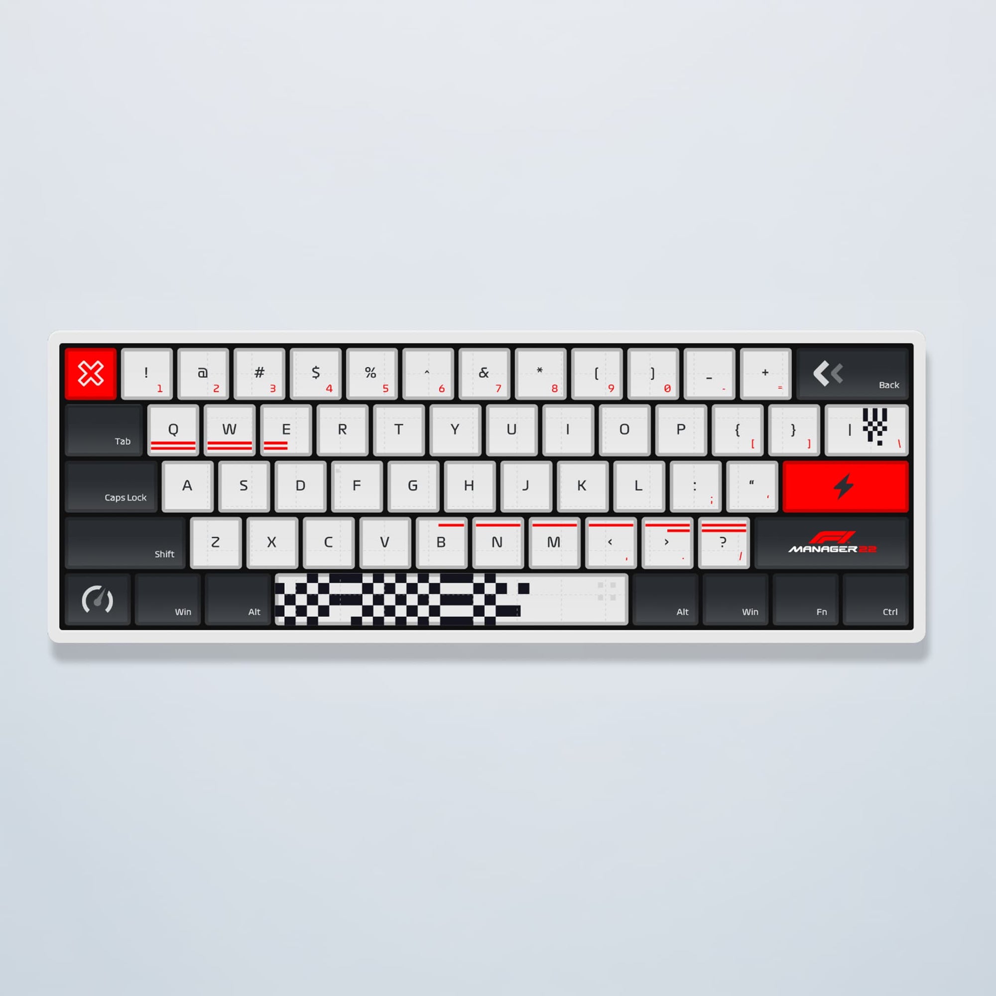 Keyboard with a red and black design on a light gray background