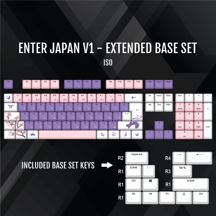 ISO/ANSI - Enter Japan V1 - White / Pink / Purple PBT Keycaps - kromekeycaps