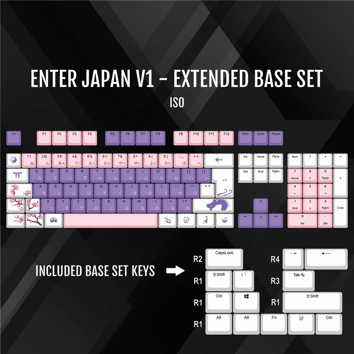 ISO/ANSI - Enter Japan V1 - White / Pink / Purple PBT Keycaps Krome Keycaps LTD half, Multicolour
