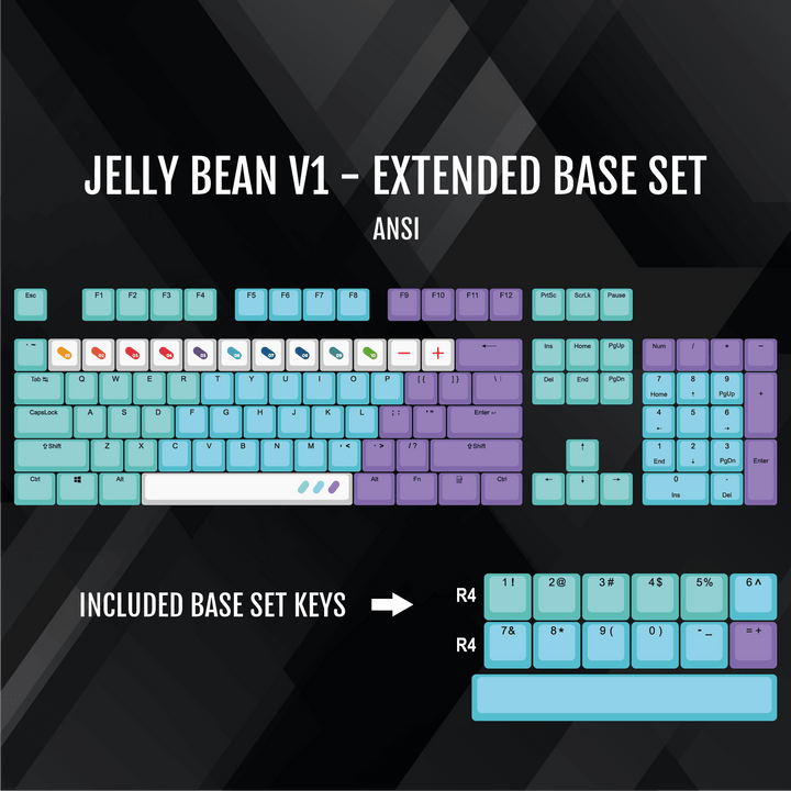 ISO/ANSI - Jelly Bean V1 - Teal / Blue / Purple / White PBT Keycaps Krome Keycaps LTD half, Multicolour