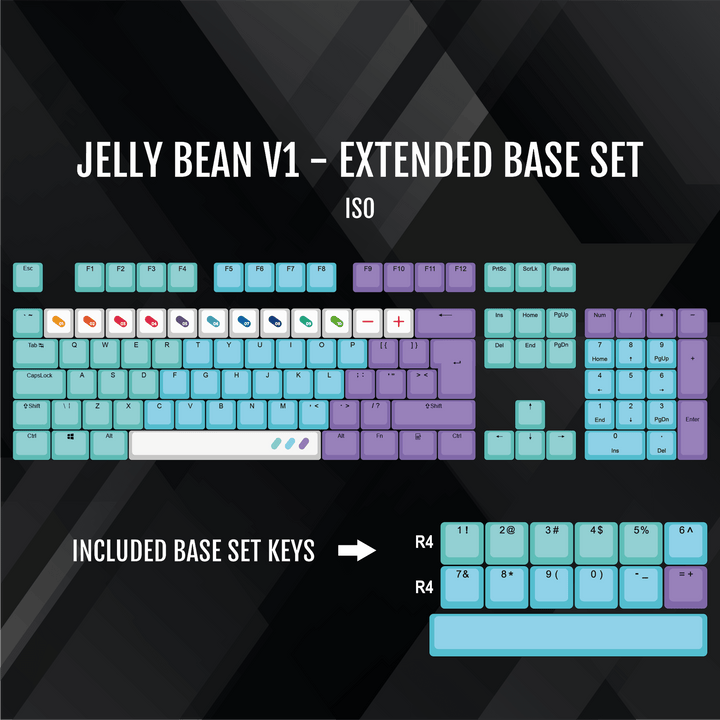 ISO/ANSI - Jelly Bean V1 - Teal / Blue / Purple / White PBT Keycaps Krome Keycaps LTD half, Multicolour
