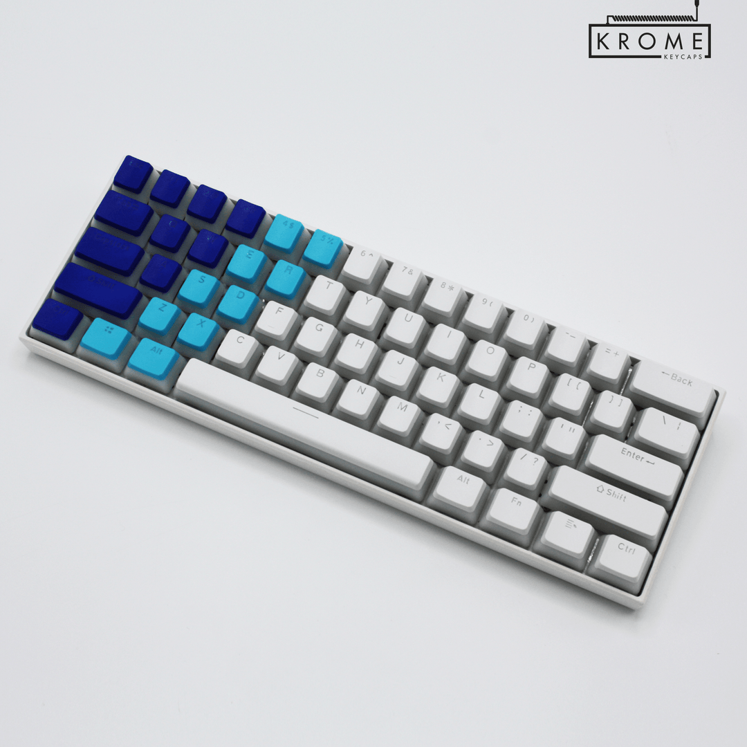 ISO/ANSI - Triocolourway - Dark Blue / Blue / White - Pudding PBT Keycaps - kromekeycaps