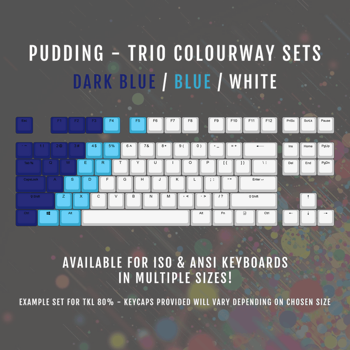 ISO/ANSI - Triocolourway - Dark Blue / Blue / White - Pudding PBT Keycaps - kromekeycaps