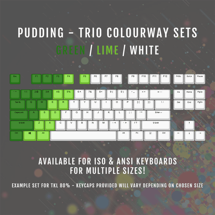 ISO/ANSI - Triocolourway - Green / Lime / White - Pudding PBT Keycaps - kromekeycaps