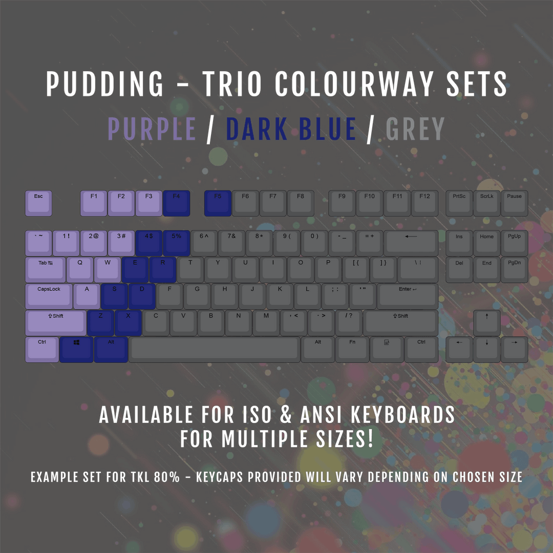 ISO/ANSI - Triocolourway - Purple / Dark Blue / Grey - Pudding PBT Keycaps - kromekeycaps