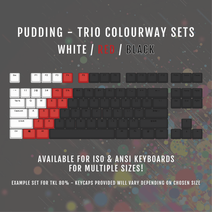 ISO/ANSI - Triocolourway - White / Red / Black - Pudding PBT Keycaps - kromekeycaps